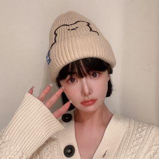 Bear Embroidered Ribbed Knit Beanie
