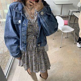 Long-sleeve Floral Print Mini A-line Dress / Denim Jacket