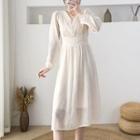 Long-sleeve V-neck Plain A-line Dress