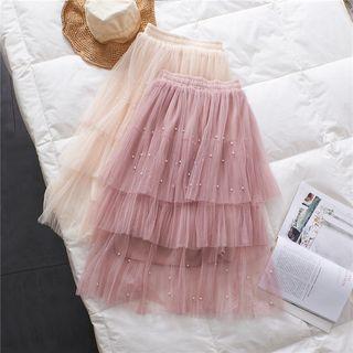 Faux Pearl Tiered Midi Mesh Skirt