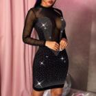 Long-sleeve Mock-neck Rhinestone Embellished Mesh Mini Bodycon Dress