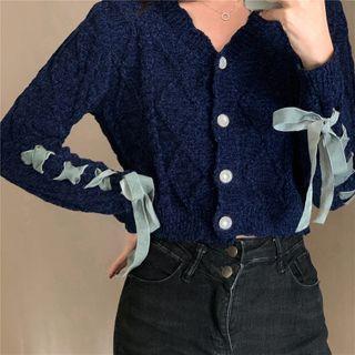 Ribbon Cropped Cardigan Blue - One Size
