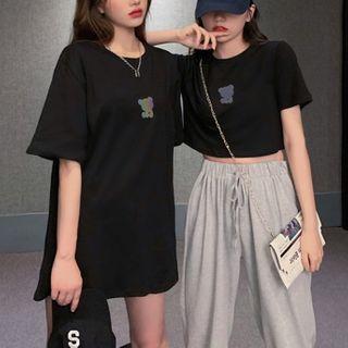 Short-sleeve Reflective Bear Print Cropped T-shirt