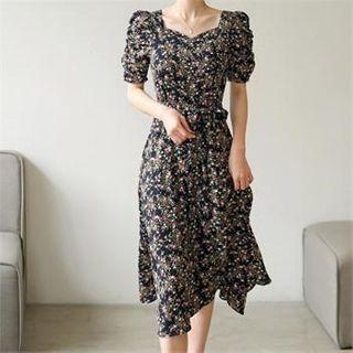 Sweetheart-neck Floral Dress With Sash