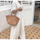 Elbow-sleeve V-neck Tie-waist Midi A-line Dress