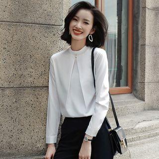 Faux Pearl Blouse / Plain Straight-fit Pants