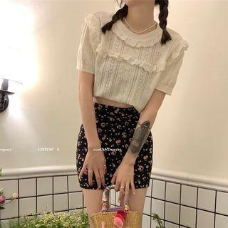 Short-sleeve Ruffle Trim Cropped Knit Top + High-waist Floral Printed Mini Skirt