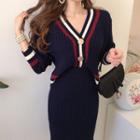 Set: Contrast Trim Cardigan + Knit Midi Skirt