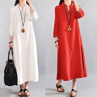 3/4-sleeve Embroidered Linen Midi A-line Dress