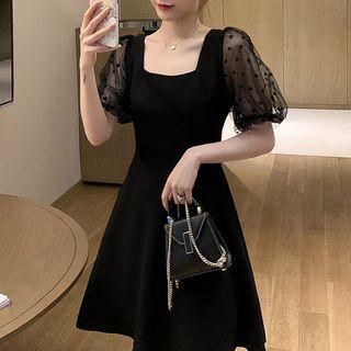 Short-sleeve Dotted Mesh Open-back A-line Dress