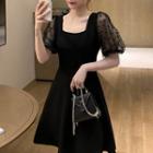 Short-sleeve Dotted Mesh Open-back A-line Dress