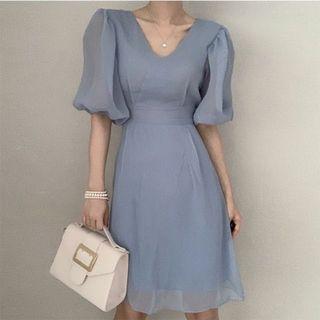 V-neck Puff Sleeve Chiffon Dress