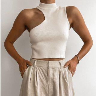 Sleeveless Mock-neck Asymmetrical Cropped Knit Top