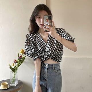 Puff-sleeve Gingham Check Crop Top Gingham - Black & White - One Size