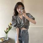 Puff-sleeve Gingham Check Crop Top Gingham - Black & White - One Size