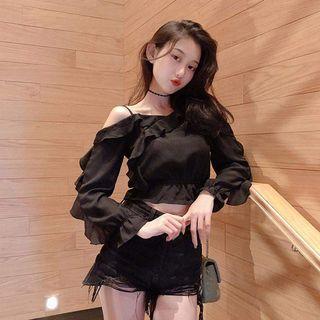 Long-sleeve Ruffle Trim Plain Blouse
