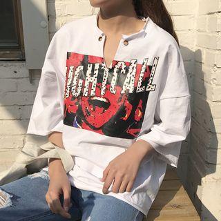 Print Split-neck Elbow-sleeve T-shirt