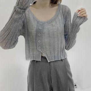 Long-sleeve Plain Ribbed Mesh Cardigan