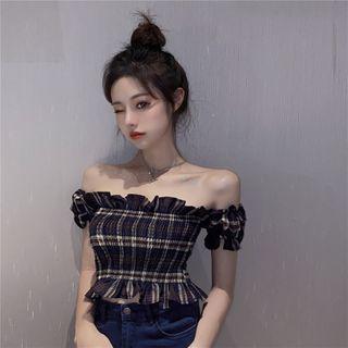Off-shoulder Plaid Top Black - One Size