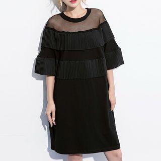 Mesh Panel Elbow-sleeve Shift Dress