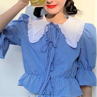Puff-sleeve Checked Frill Trim Peplum Crop Top