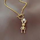 Rabbit Rhinestone Faux Pearl Pendant Alloy Necklace Gold - One Size