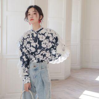 Ruffle Lace Trim Print Blouse