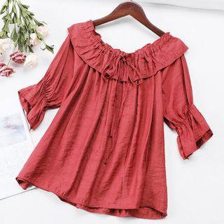Ruffle Drawstring Off-shoulder Elbow-sleeve Blouse