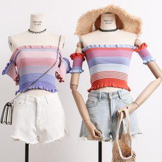 Boatneck Ruffled-trim Striped Crop Knit Top