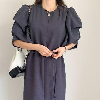 Puff-sleeve Plain Slit Midi Shift Dress