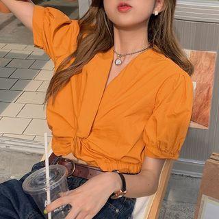 V-neck Twist Cropped Blouse Pumpkin - One Size
