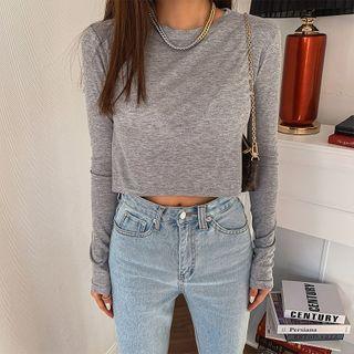 Long-sleeve Round-neck Cropped T-shirt