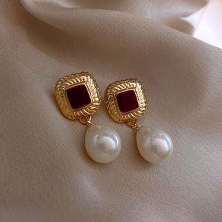Square Glaze Faux Pearl Dangle Earring