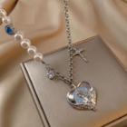 Embossed Heart Cross Faux Pearl Pendant Alloy Necklace Necklace - Silver - One Size