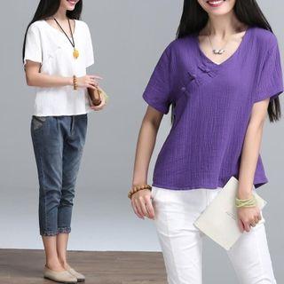 Short-sleeve V-neck Linen Top