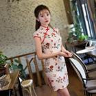 Cap-sleeve Floral Print Mini Qipao