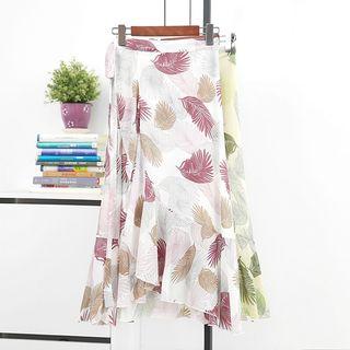 Leaf Print Ruffle-hem Tie-waist Skirt