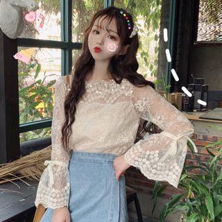 Scallop Trim Long-sleeve Top Almond - One Size