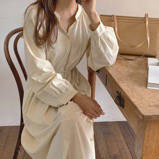 Open-placket Shirred Shirtdress With Sash