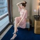 Elbow-sleeve Glitter Lace A-line Mini Dress
