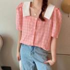 Short-sleeve Checked Square-neck Blouse