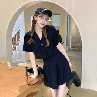 Short-sleeve Open-collar Crop Shirt / Mini A-line Skirt / Set