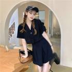 Short-sleeve Open-collar Crop Shirt / Mini A-line Skirt / Set