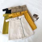 Asymmetric Zip Faux Leather High-waist A-line Skirt With Belt