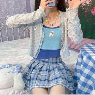 Sheep Embroidered Camisole Top / Floral Lace Trim Cardigan