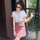 Set: Short Sleeve V-neck Contrast Trim T-shirt + High Waist Pattern A-line Skirt