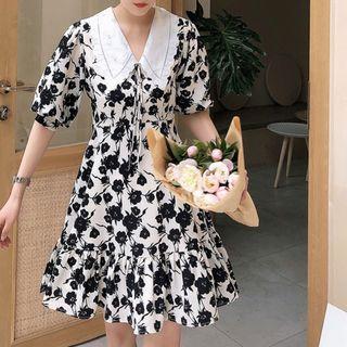 Elbow Sleeve Contrast Collar Floral Mini A-line Dress / Midi A-line Dress