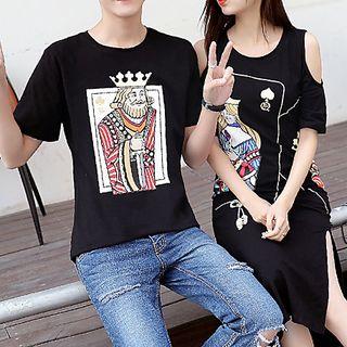 Couple Matching Poker Print Short Sleeve T-shirt / Cut Out Shoulder Short Sleeve Dress