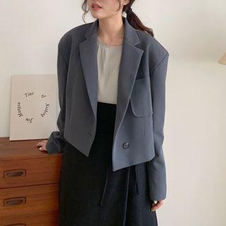 One Button Cropped Blazer Gray - One Size