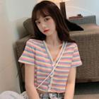 Button Striped Short-sleeve T-shirt Stripes - Multicolor - One Size